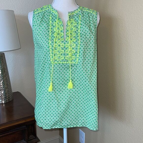 J . Crew (factory) Green Embroidered Tassel Tank Sleeveless Top Blouse Sz 12 - Picture 1 of 3